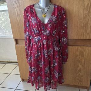 Mi Ami Burgandy Ruffle Floral Long Sleeve Dress Medium